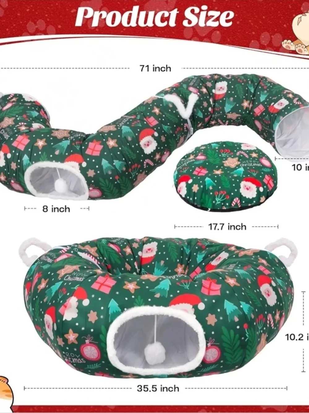 Holiday Cat Tunnel & Bed - Green Christmas Print